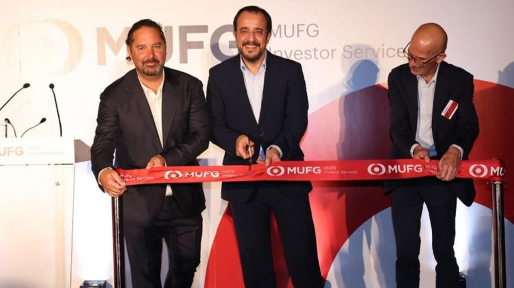 John Sergides at the MUFG Investor Services Limassol office ribbon cutting with President Nikos Christodoulides