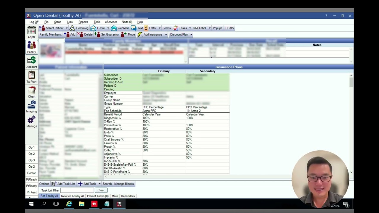 A frame from Toothy AI's launch demonstration showing dental practice software and a presenter