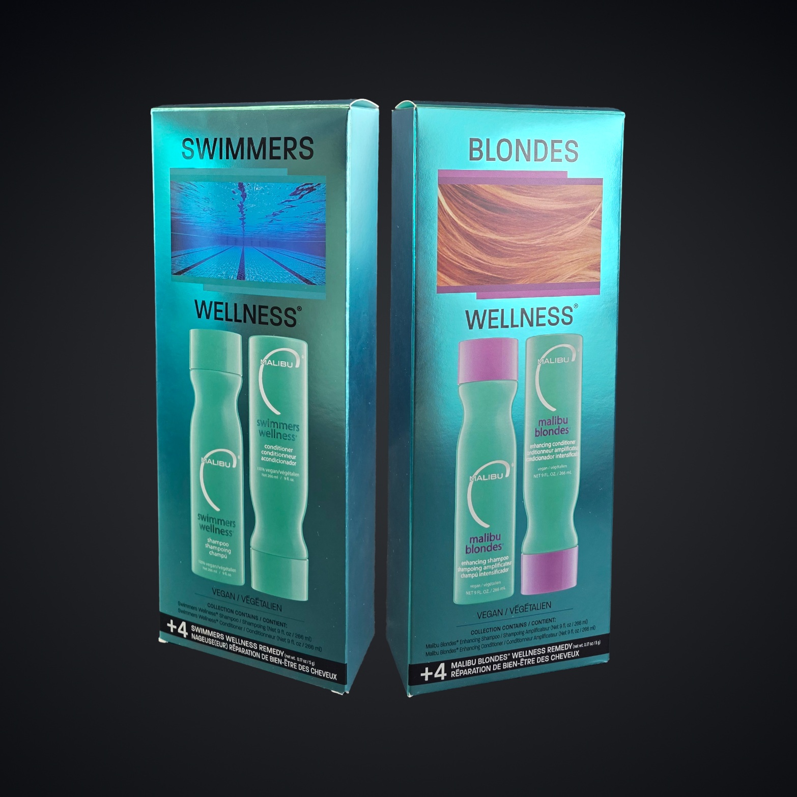 Metallic Malibu Wellness shampoo and conditioner duo carton manufactured by JohnsByrne