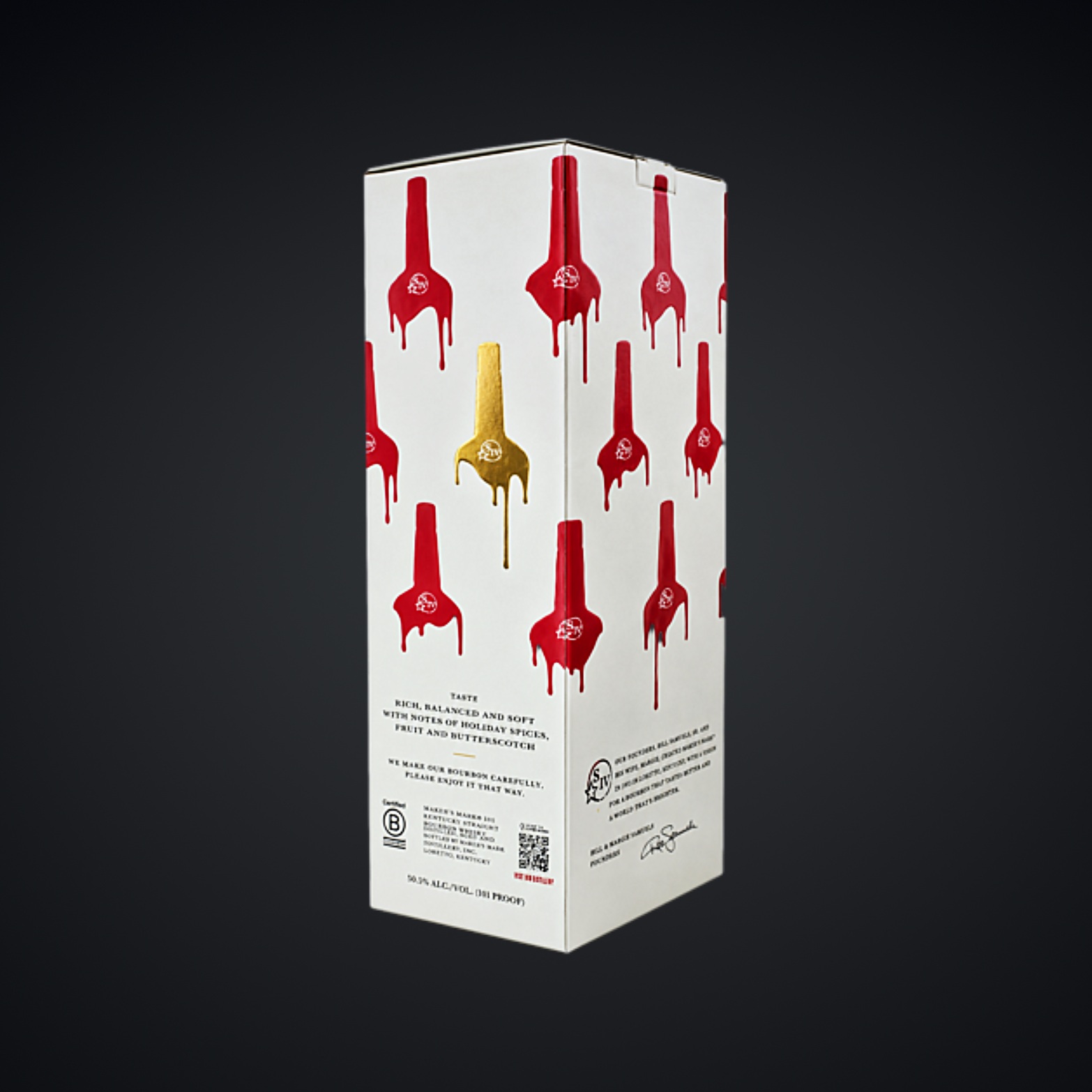 Maker’s Mark 101 Special Proof carton with red wax motifs and gold foil detail