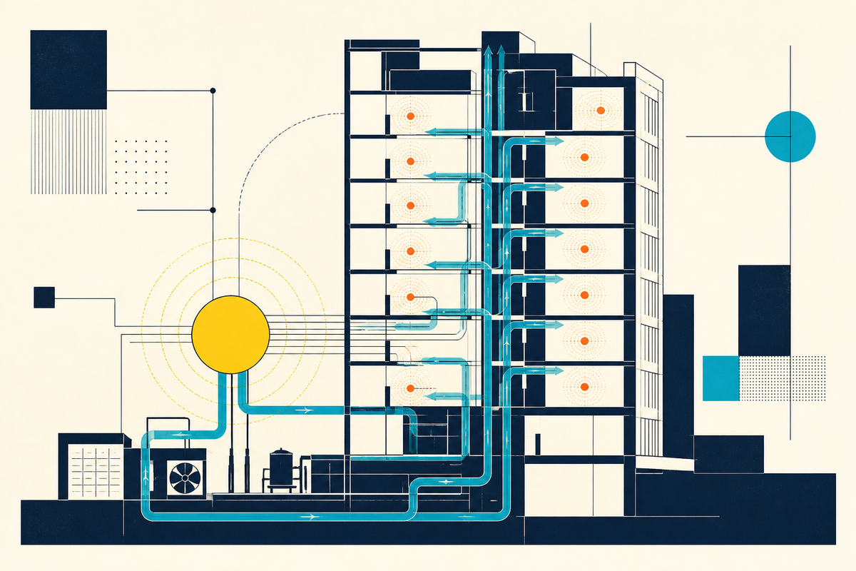 Abstract cutaway of a building with blue air channels, orange heat points and a yellow control hub