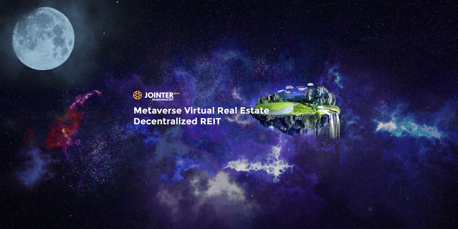Jointer artwork showing a floating island in space for its metaverse virtual real estate decentralized REIT