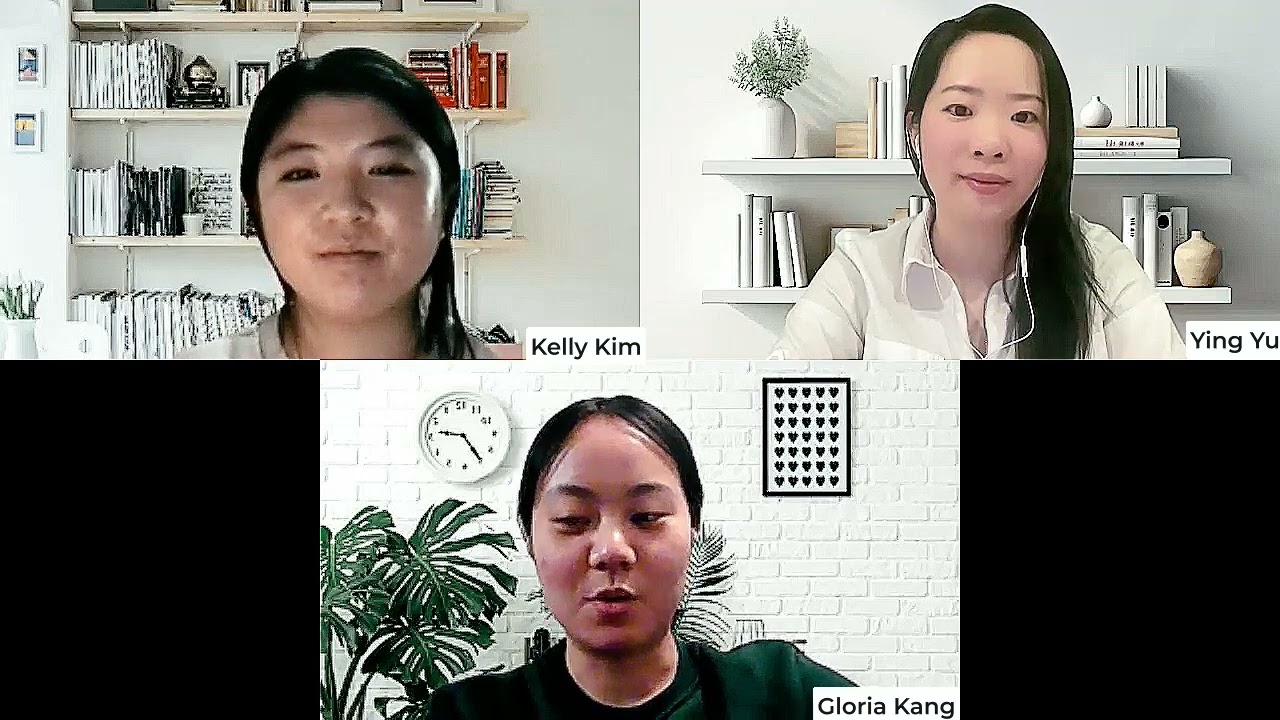 EverLearn team pitch showing Kelly Kim at upper left, Ying Yu at upper right and Gloria Kang below