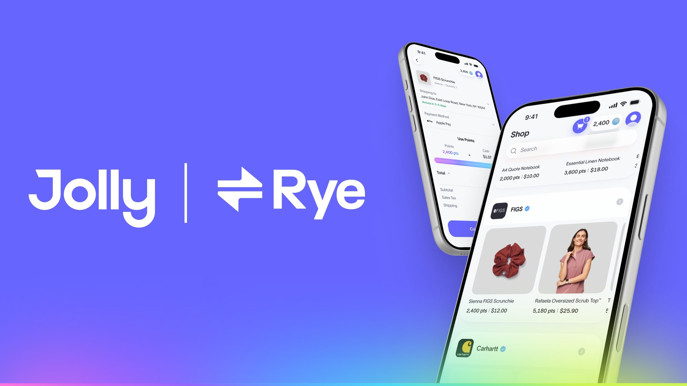 Jolly and Rye announcement artwork with phones displaying the Jolly Shop and points-plus-cash checkout