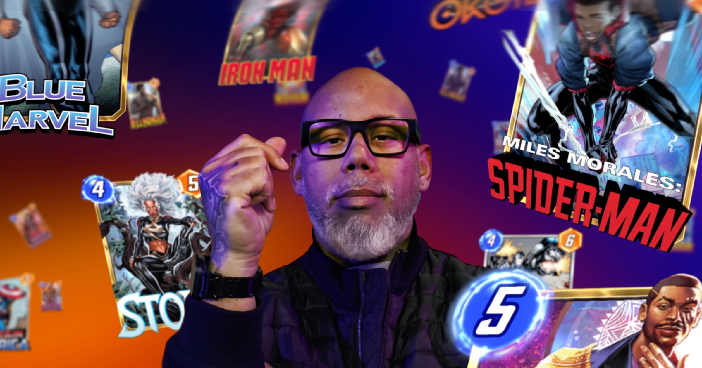Jomaro Kindred surrounded by Marvel SNAP cards featuring Black heroes