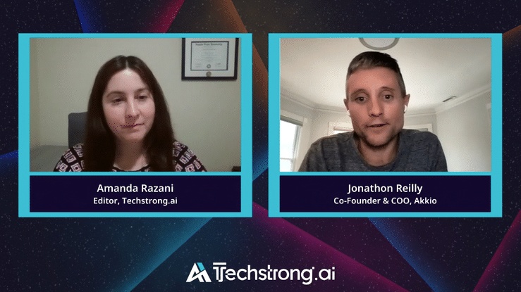 Amanda Razani interviewing Jon Reilly by video for Techstrong.ai