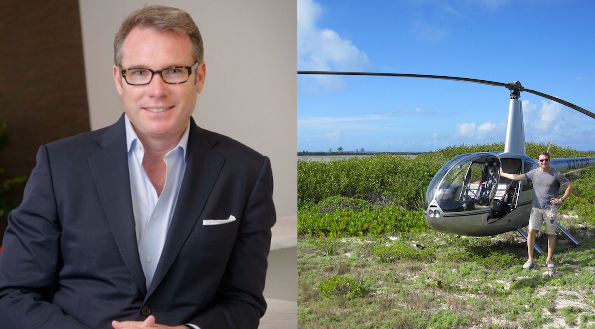 A 2016 photo pairing of Jon Winsett in business attire and standing beside a helicopter