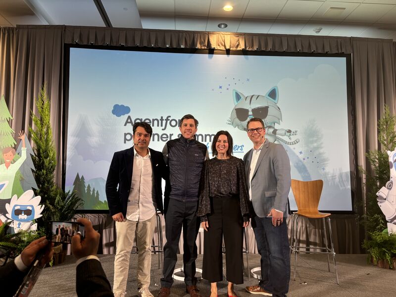 Jonathan Bedard with three fellow speakers onstage at Salesforce's Agentforce Partner Summit