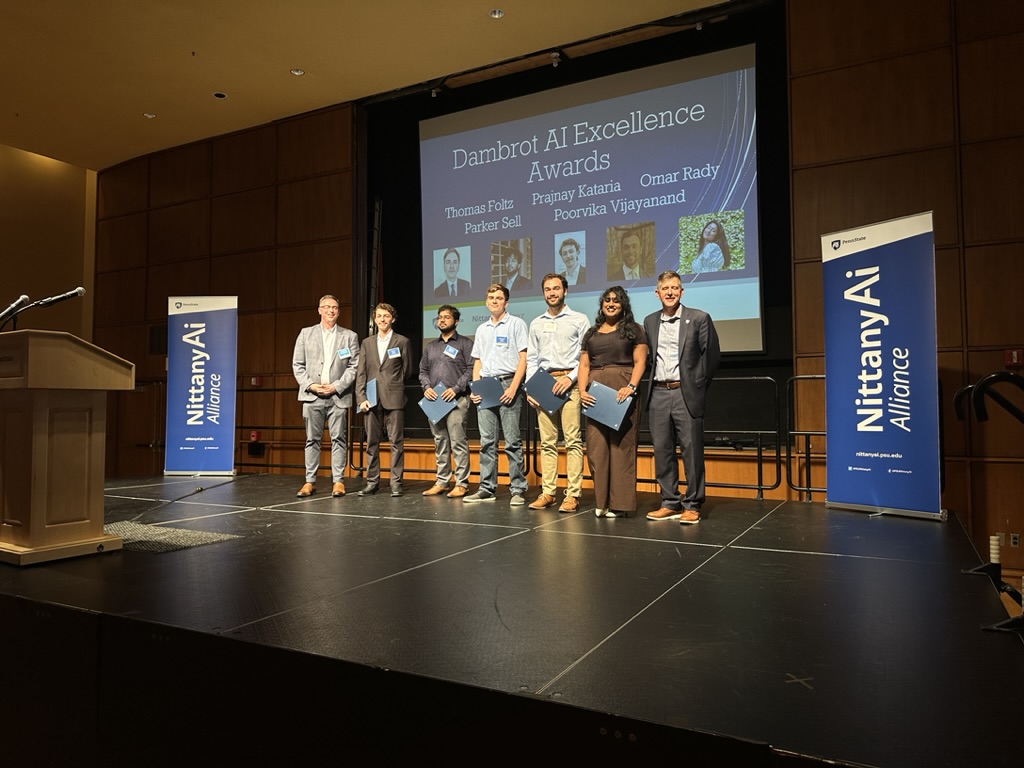 Jonathan Dambrot, at left, with five AI Excellence Award recipients and Daren Coudriet at Penn State in September 2023
