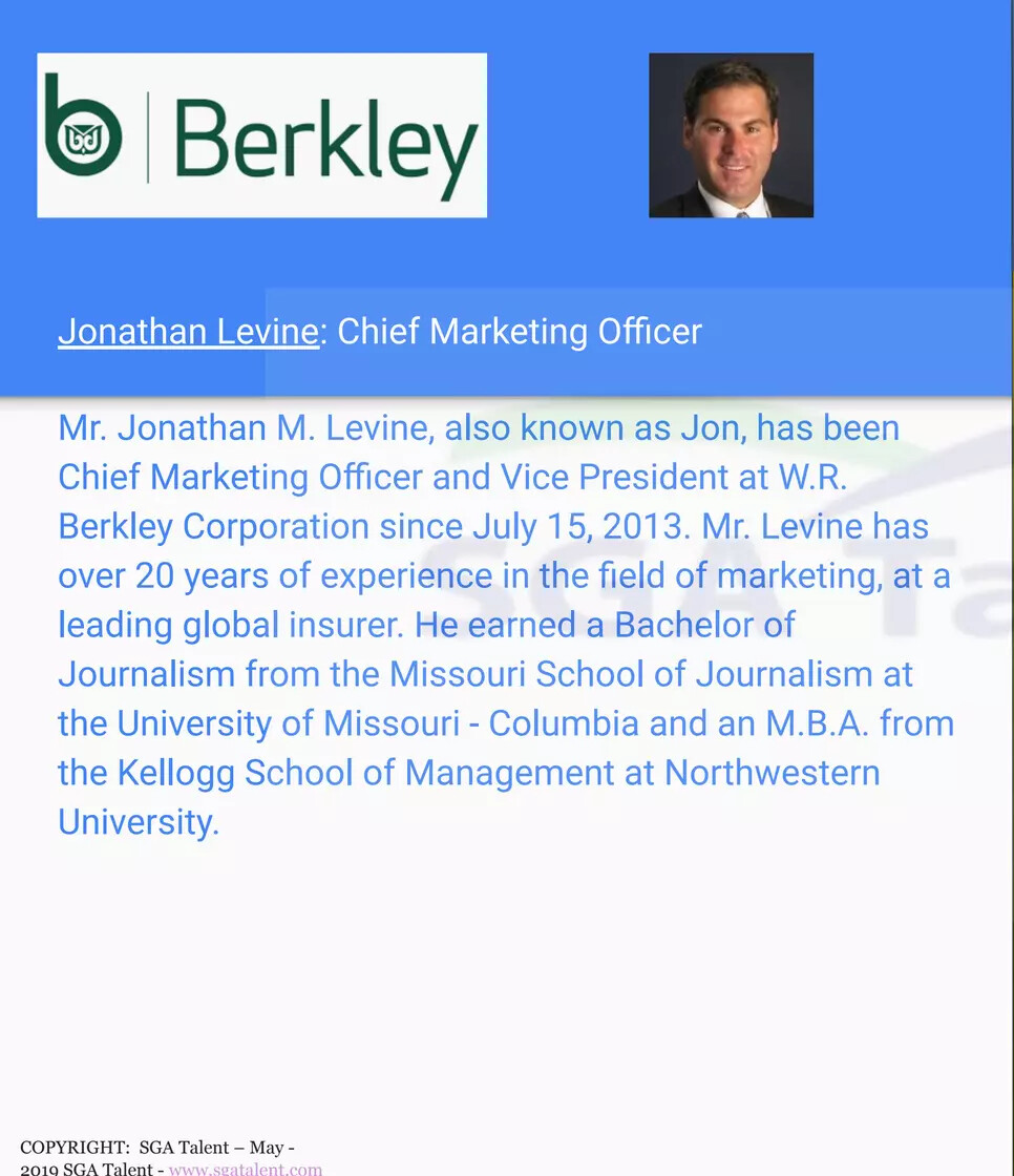 An archival 2019 industry leadership slide identifying Jonathan Levine as W. R. Berkley's chief marketing officer