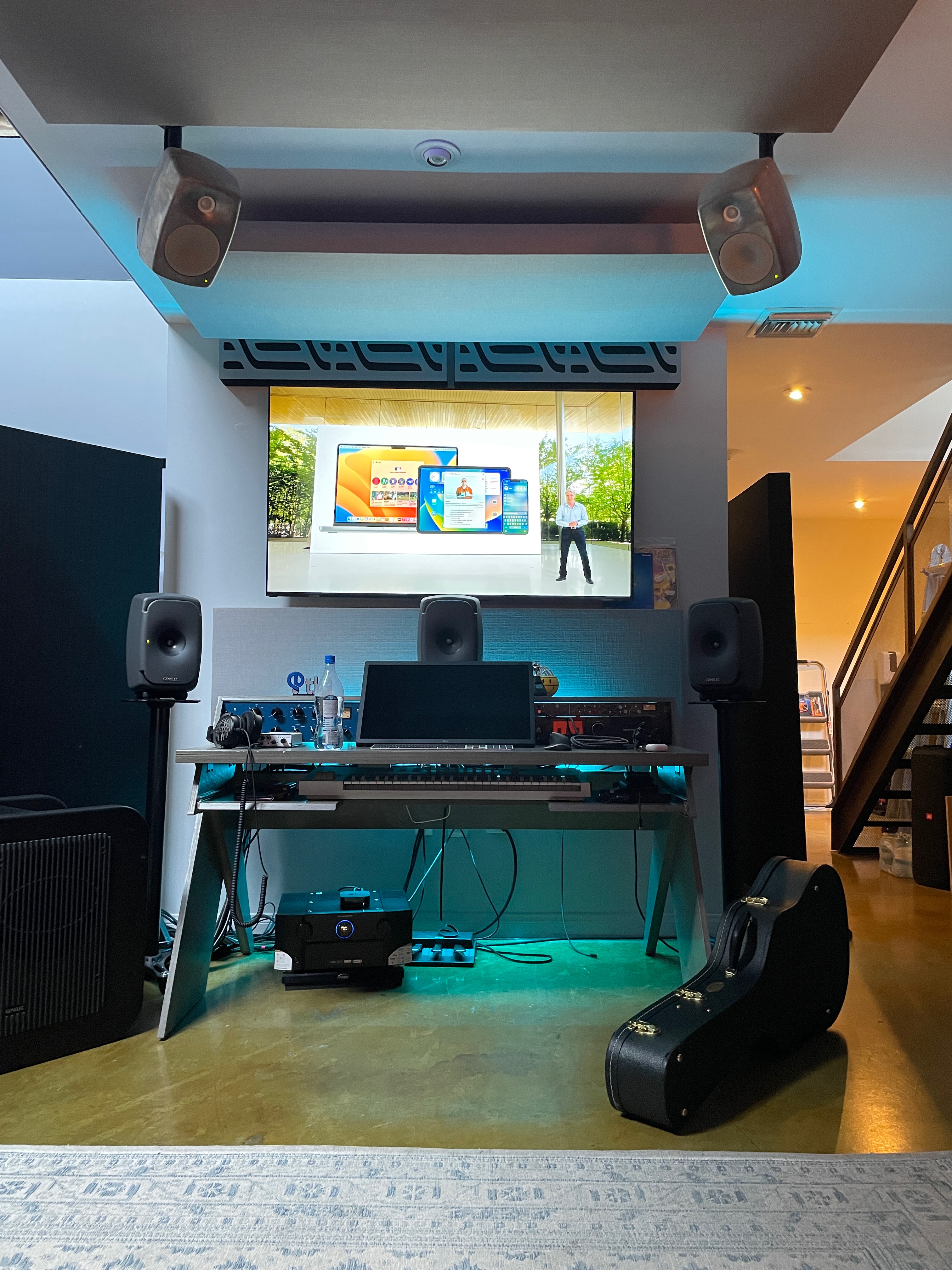 The speaker and computer setup at Jonathan Morrison's studio during a 2022 spatial audio listening session