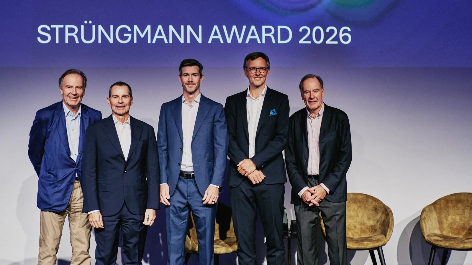 Jonathan Talbot, centre, with the two other finalists and the Strüngmann brothers at the 2026 award ceremony