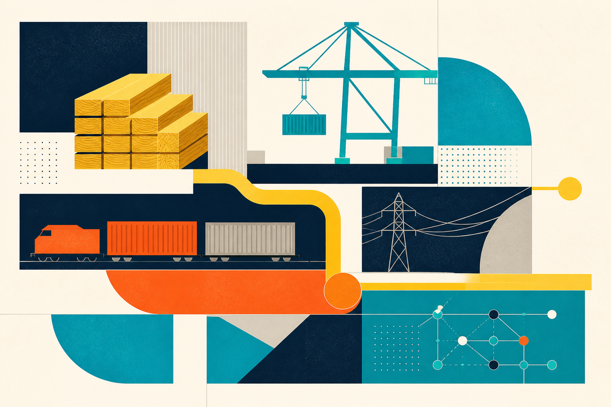 Abstract Swiss-style illustration connecting timber, rail freight, a port crane, utility lines and software nodes