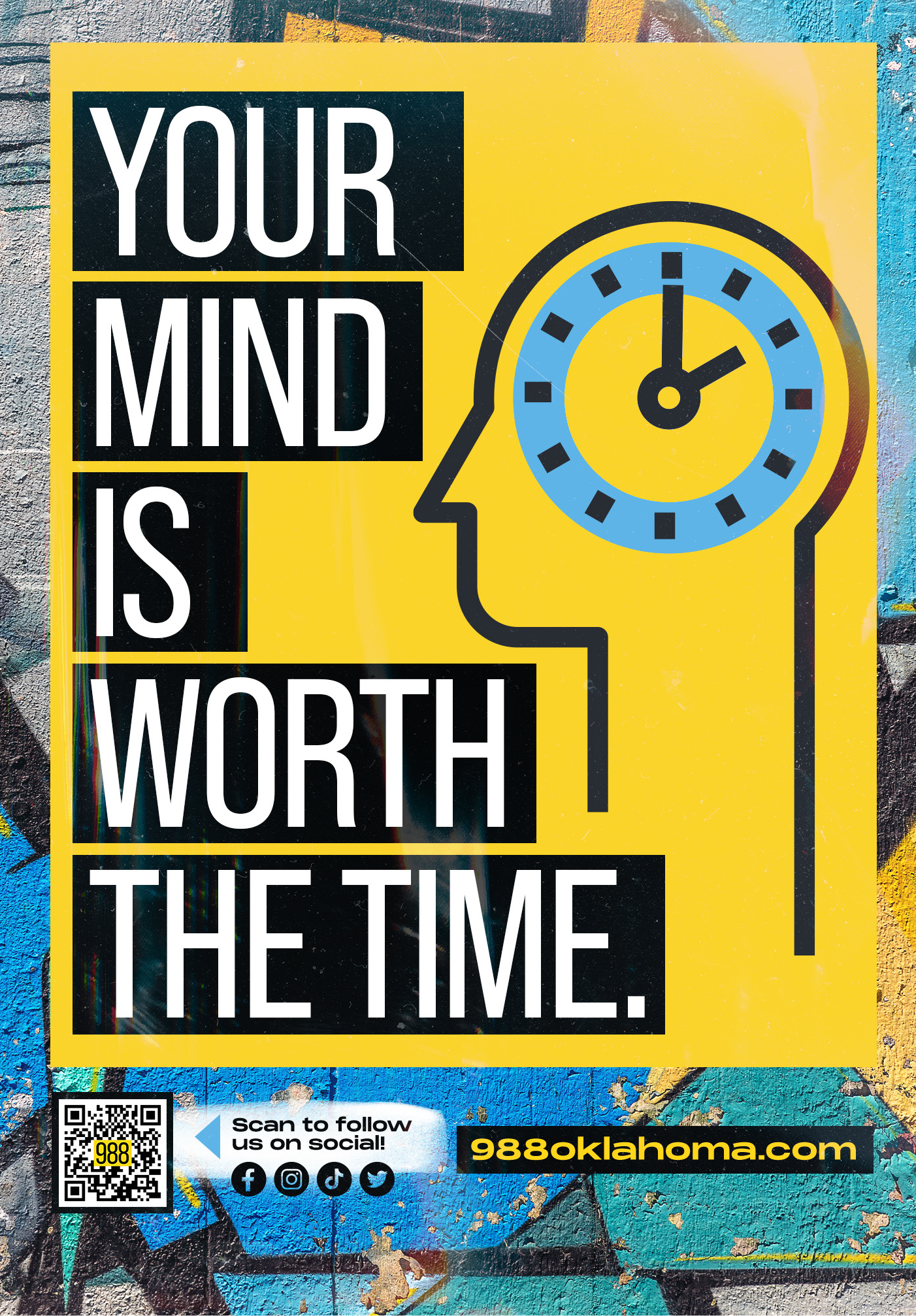 Bright yellow 988 Oklahoma campaign postcard reading Your mind is worth the time