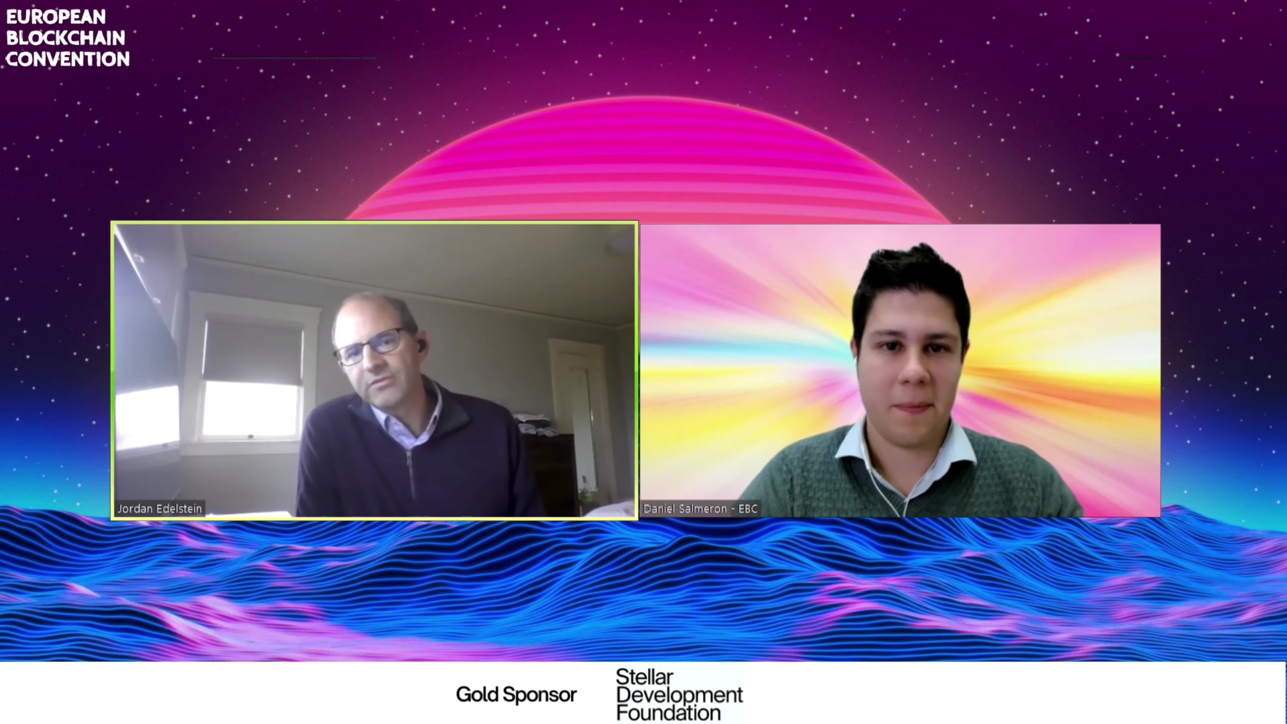 Jordan Edelstein speaking by video during a European Blockchain Convention session