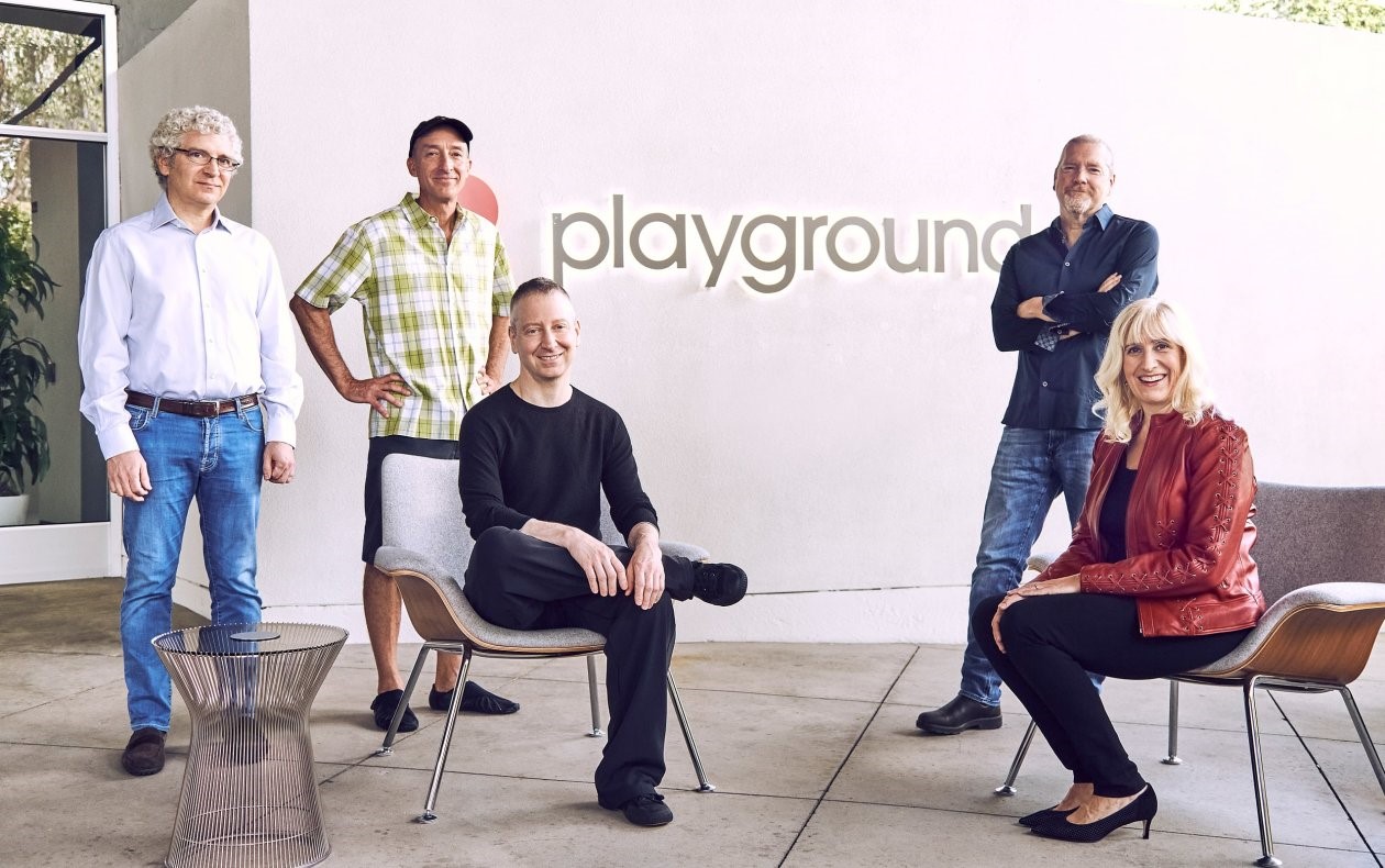 Playground partners: Matt Hershenson, Bruce Leak, Jory Bell seated in the center, Peter Barrett and Laurie Yoler