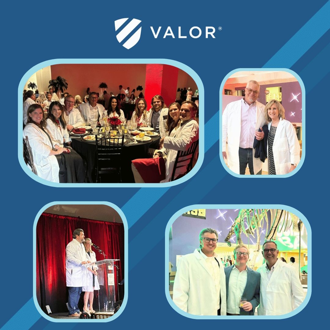 Valor’s collage from the Mad Scientist Ball, including Joseph and Kimberly DeWoody speaking at a lectern in lab coats