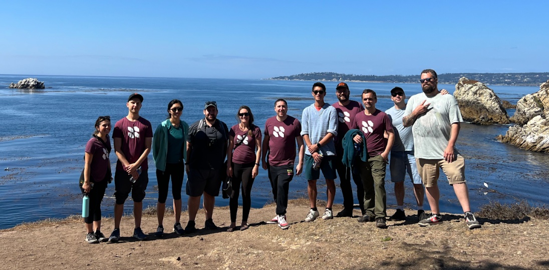 Sensible team members standing together beside a rocky coastline