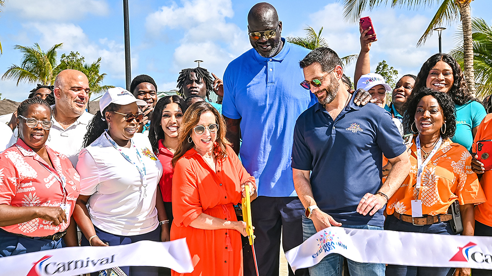 Christine Duffy, Shaquille O’Neal and Josh Weinstein join the ribbon-cutting celebration at Celebration Key