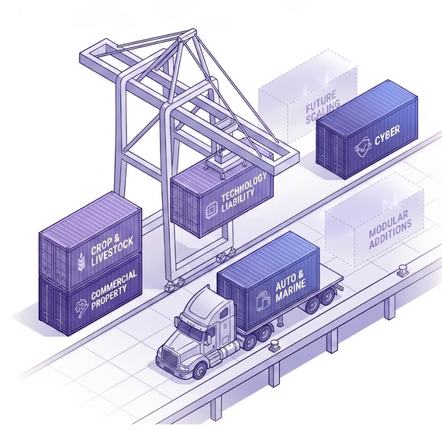 Joshu product illustration: insurance lines of business shown as modular shipping containers loaded by a crane