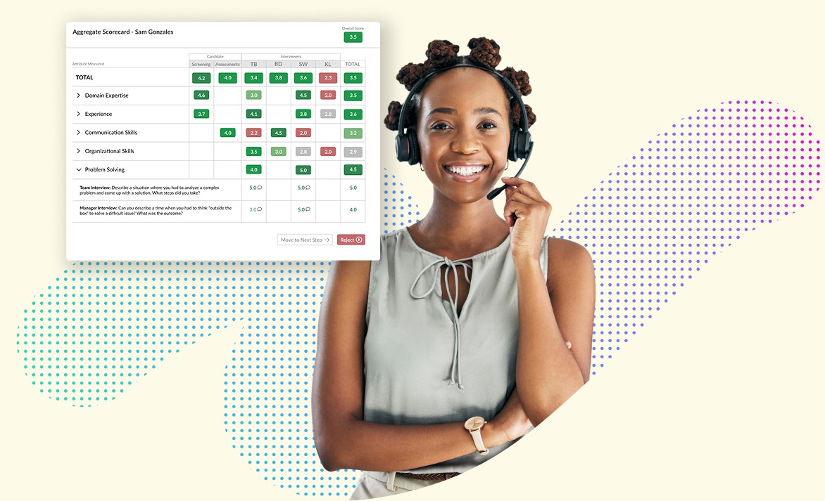 Journeyfront candidate aggregate scorecard beside a customer-service representative