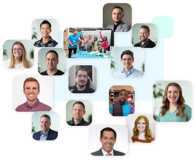 Collage of Journeyfront team portraits and a group volunteering photo