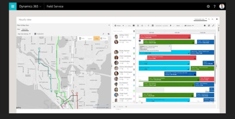 Microsoft Dynamics 365 Field Service dashboard with a route map and technician schedule
