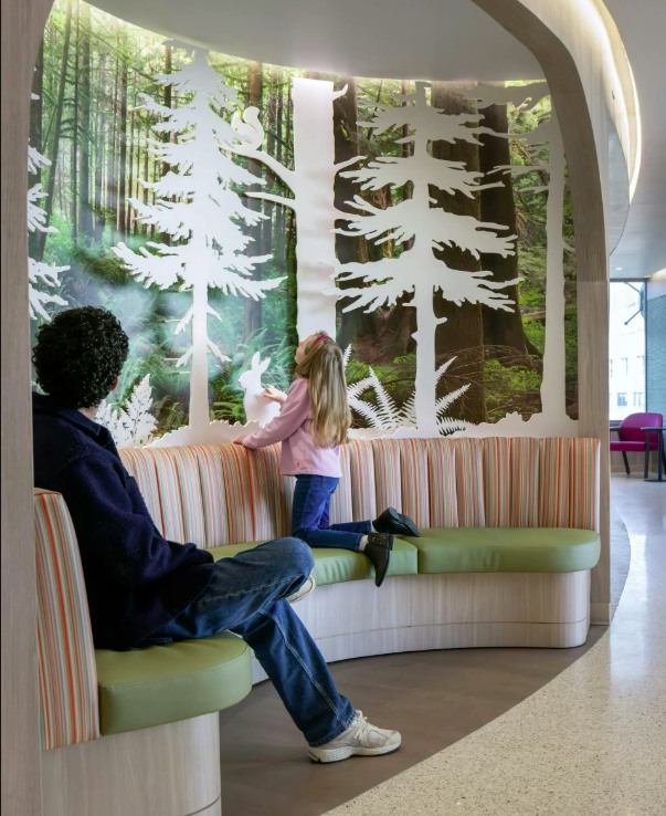 Forest wallcovering and dimensional nature elements inside the UCSF Stad Center pediatric clinic
