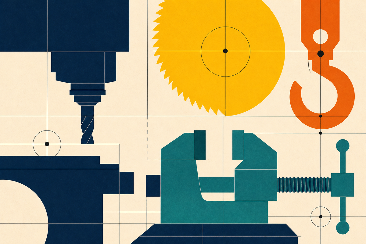 Abstract Swiss-style composition of a saw blade, drill, vise and lifting hook