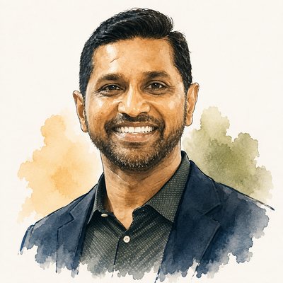 Watercolor-style portrait of JRD Systems founder and CEO Jai Reddy