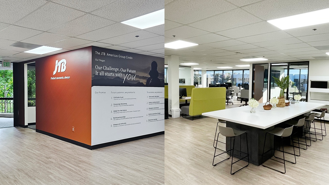 Interior of JTB’s renovated shared Torrance headquarters, showing the company credo wall and open workspace