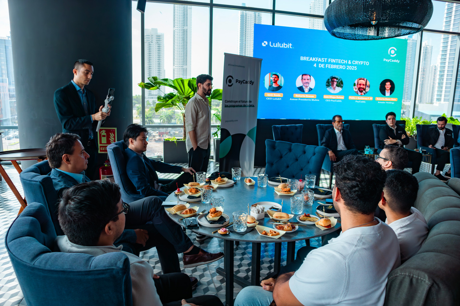 Juan Diego Galvez speaking during a fintech and crypto breakfast in Panama City in February 2025