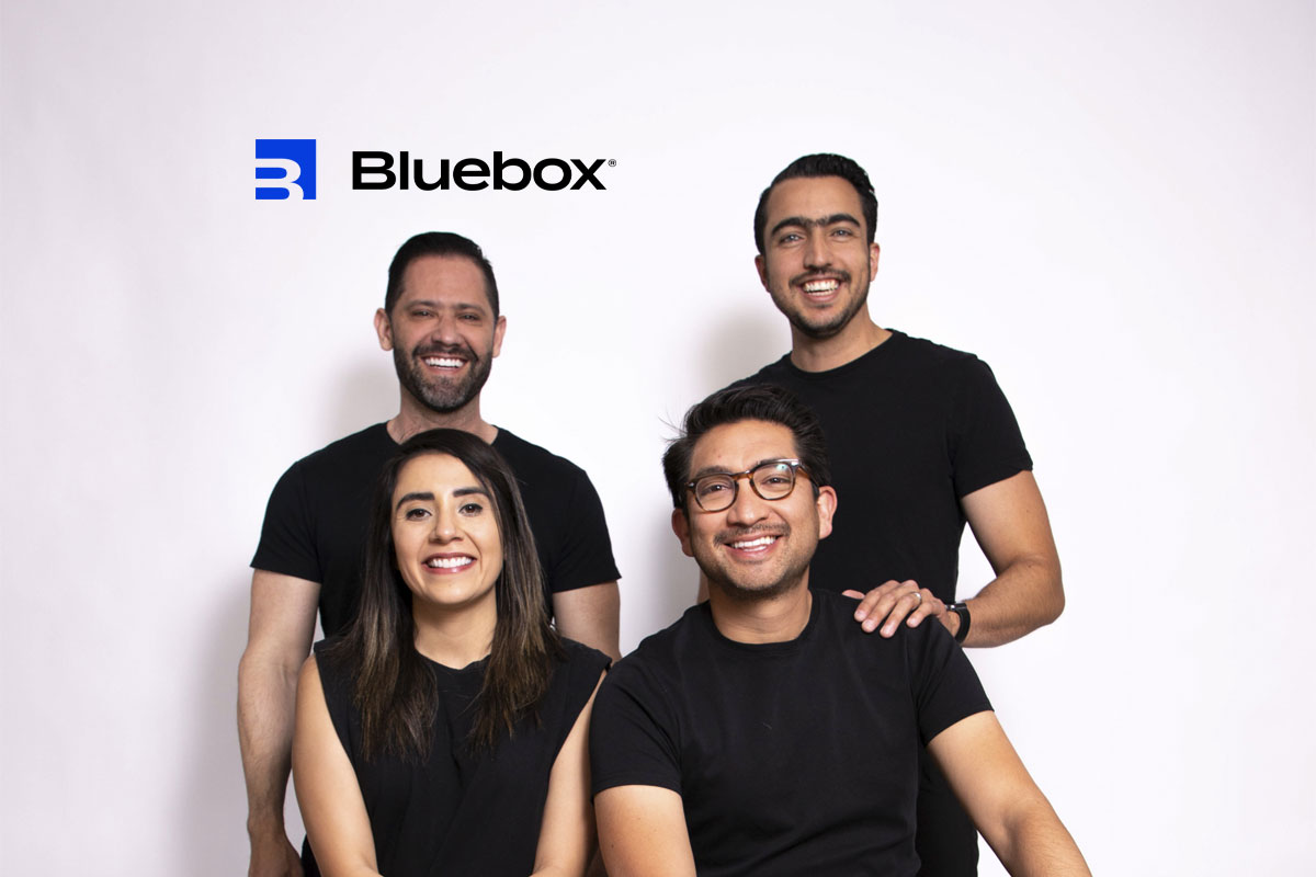 Four members of Bluebox’s leadership team posing together, with Sánchez Gnecchi standing at the back right