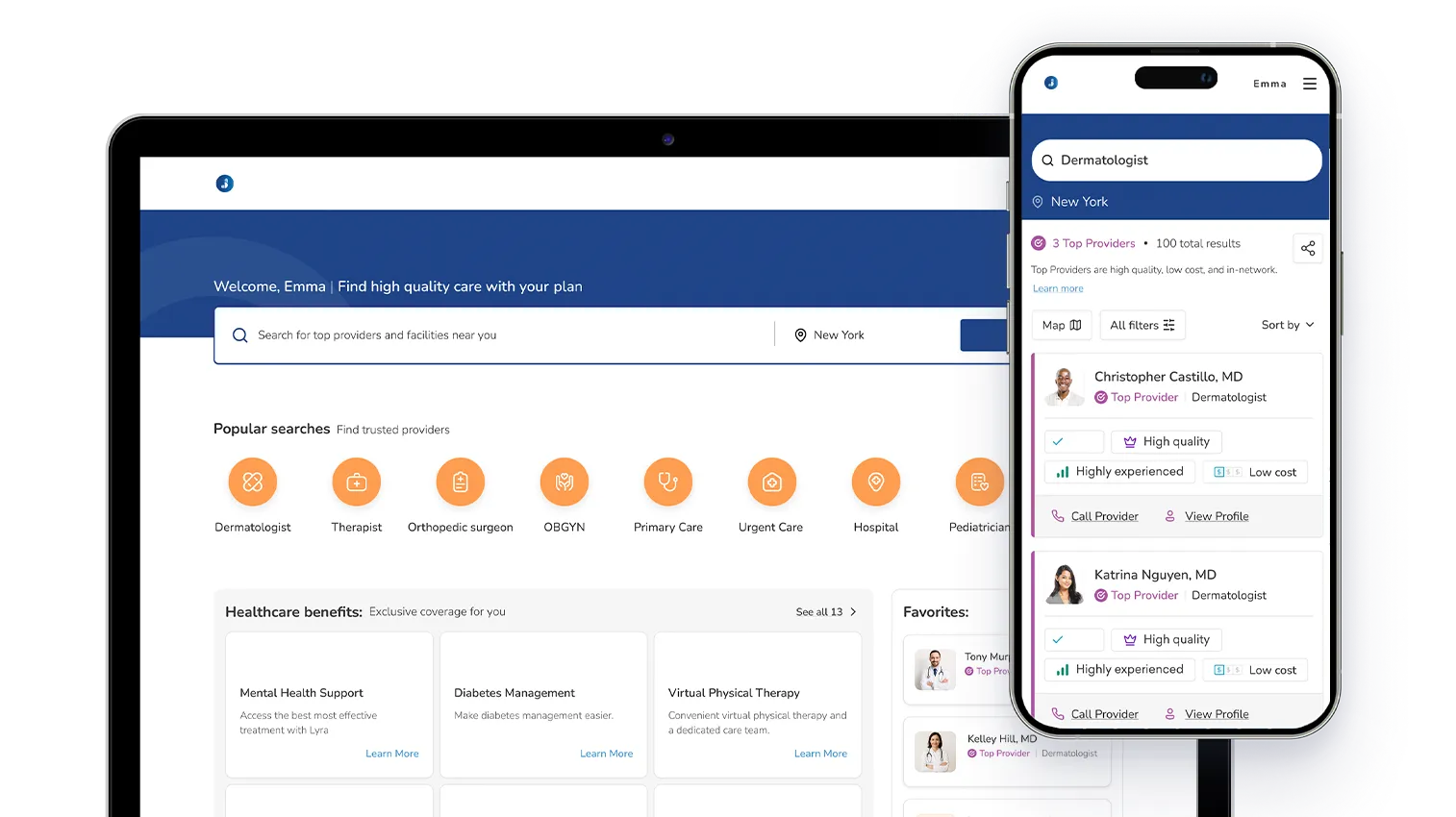 Judi Care Navigation product interface showing provider search on desktop and mobile