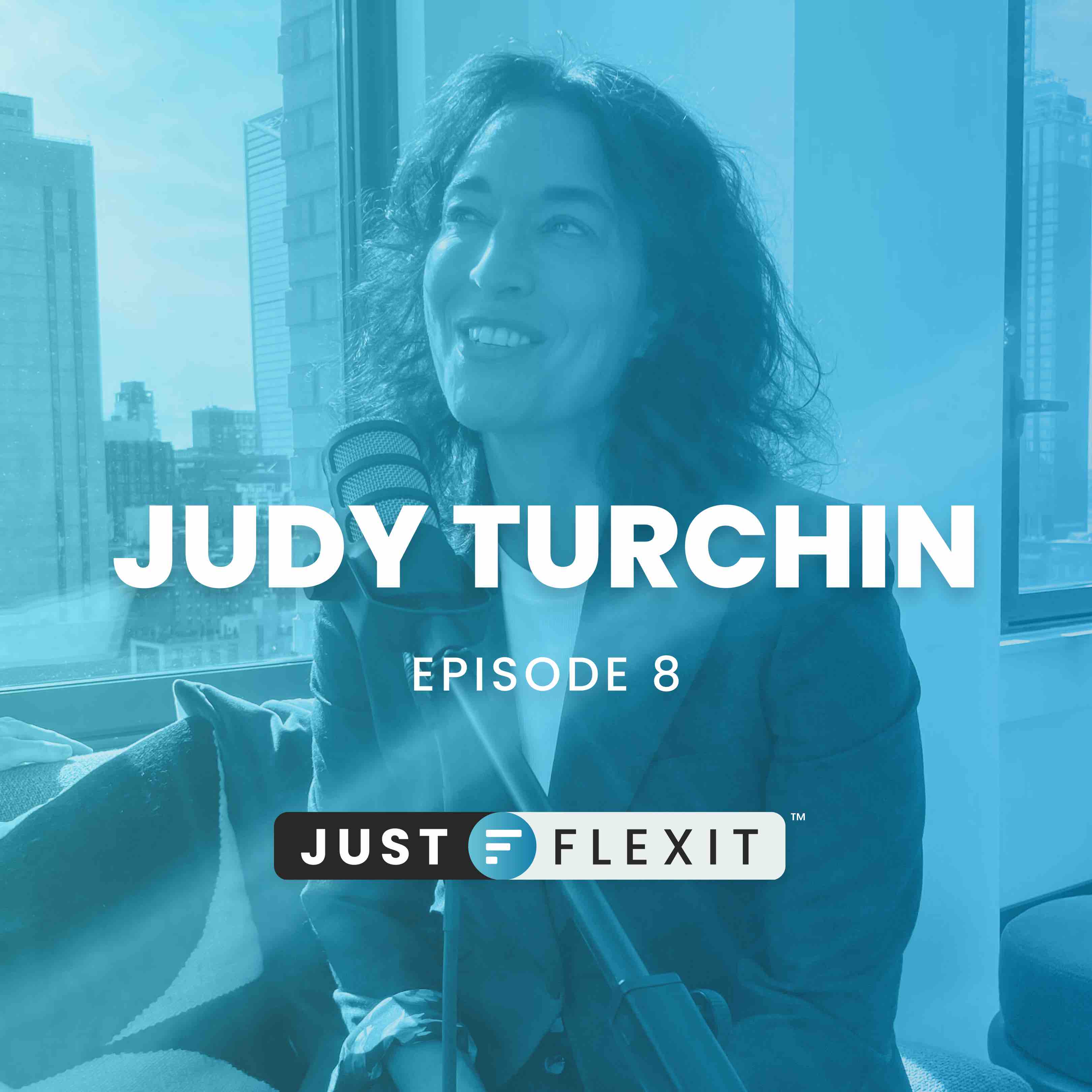 Judy Turchin speaking into a microphone in Just FlexIt episode artwork