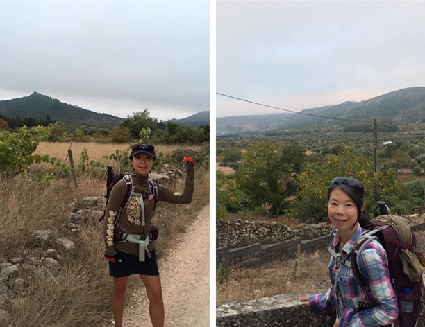 Two photographs of Jue Wong carrying a backpack on her 2019 Camino de Santiago hike