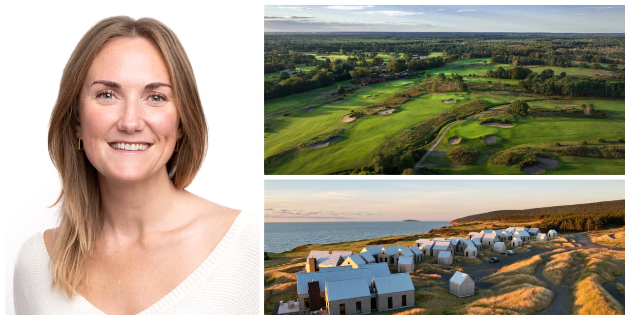 Jules Cowan-Dewar beside aerial views of Cabot golf resort landscapes