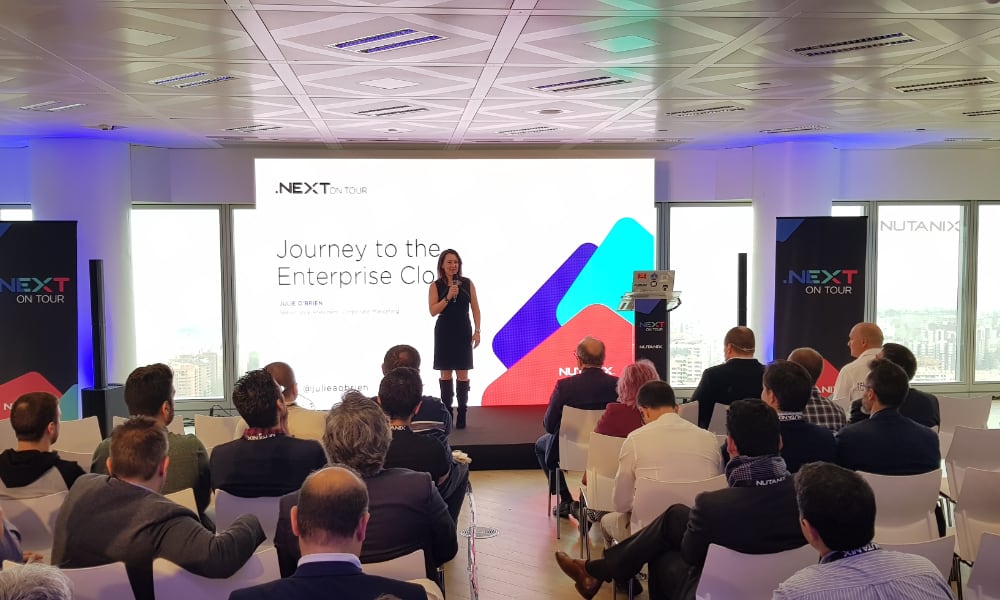 Julie O’Brien presenting Journey to the Enterprise Cloud to an audience at a Nutanix event
