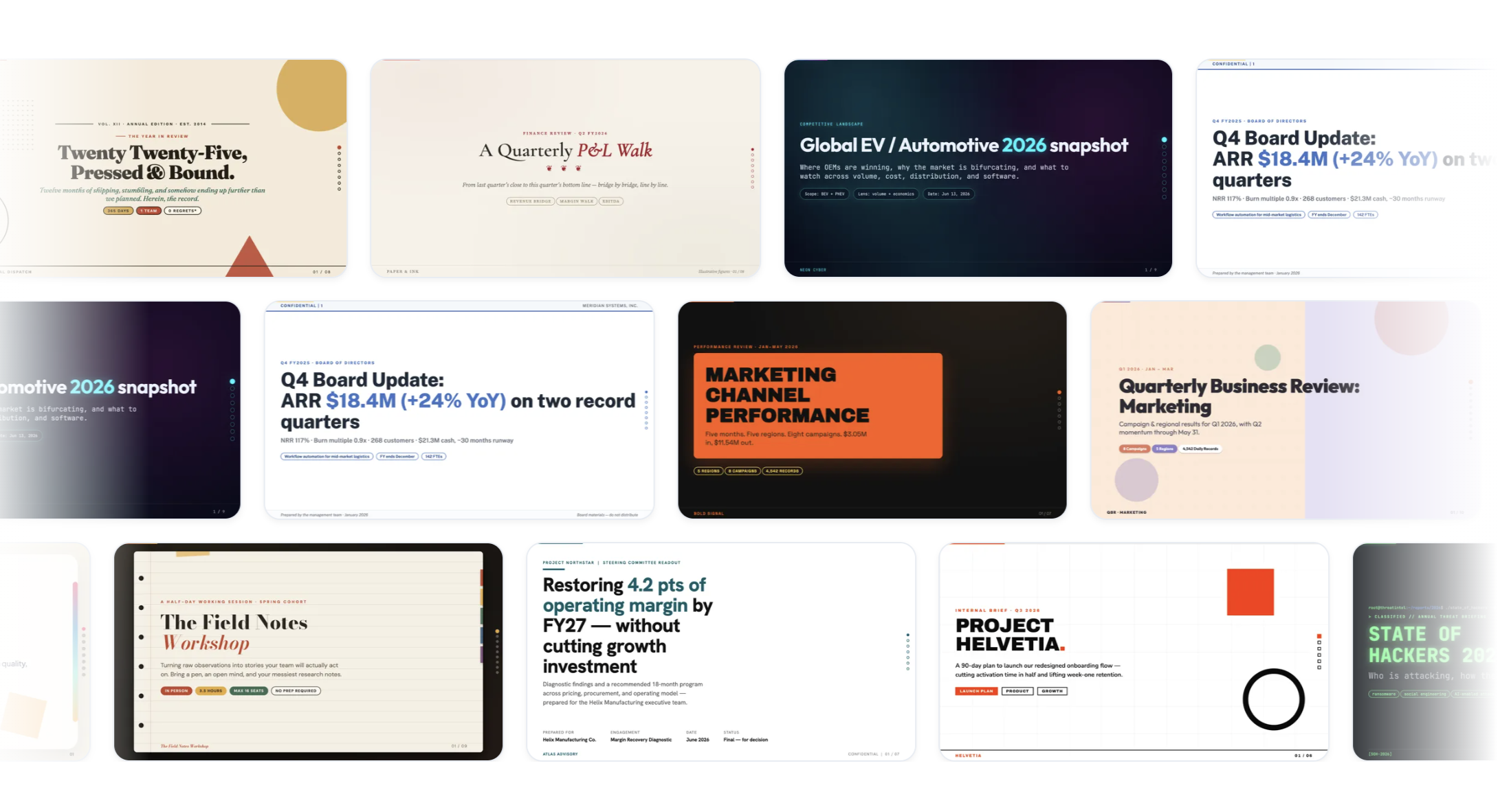 A gallery of presentation designs available in Julius AI