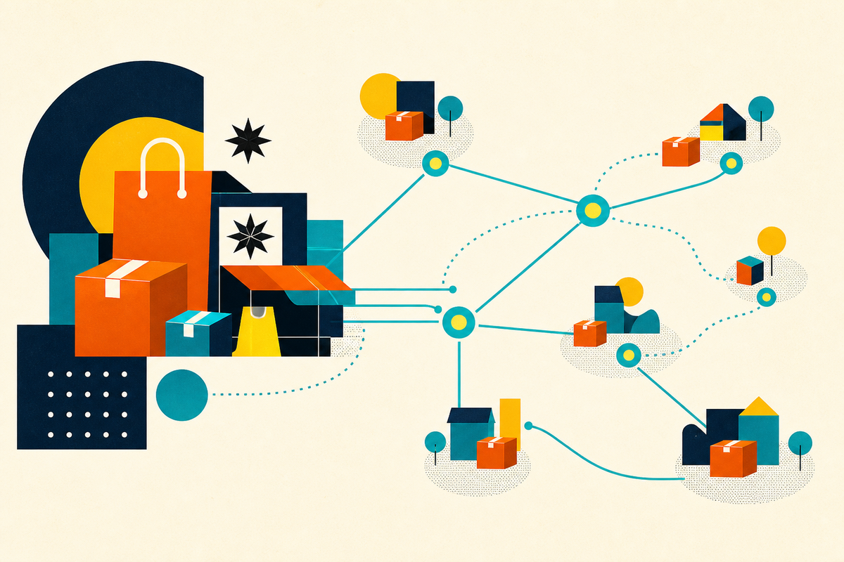 Abstract geometric illustration of parcels connected to distributed pickup points
