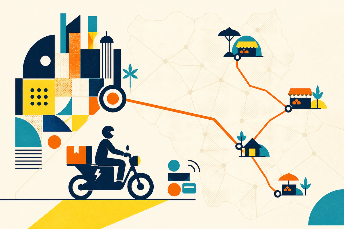 Abstract Swiss-style illustration of a delivery rider linking Kampala to market nodes across Uganda