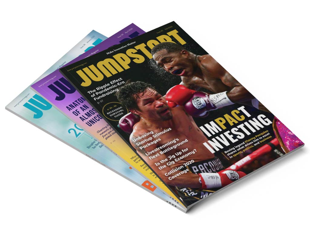 A stack of Jumpstart magazine issues, with an impact investing cover on top