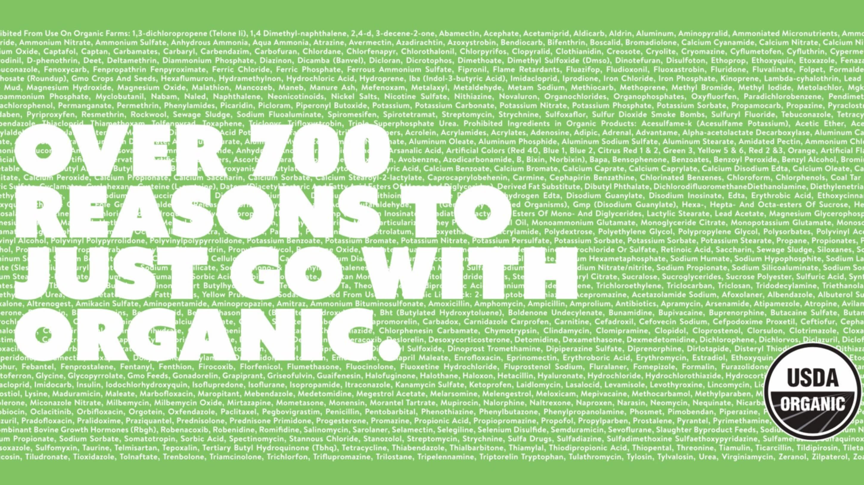 Only Organic campaign graphic stating that more than 700 reasons exist to choose organic