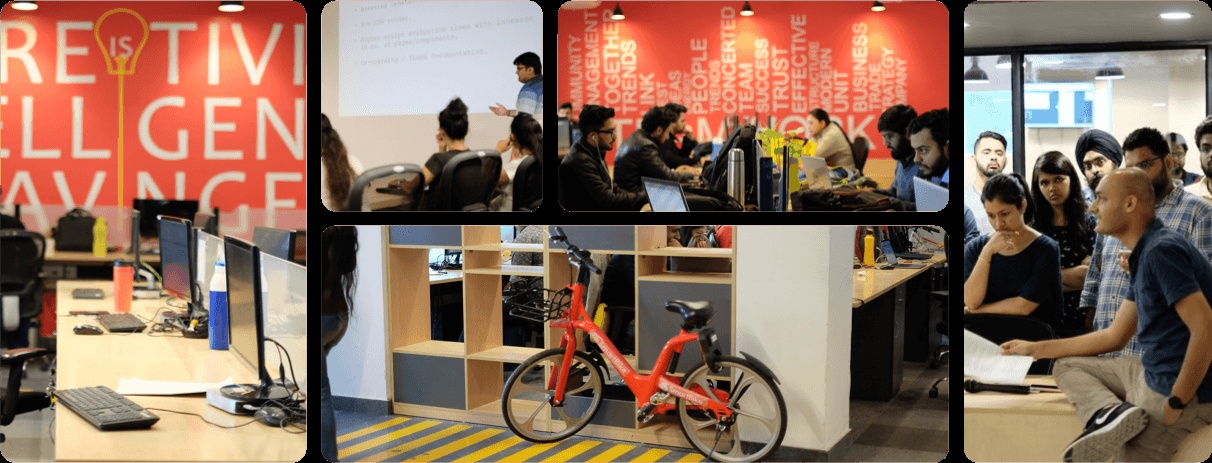JungleWorks office collage showing workstations, team discussions and a red bicycle