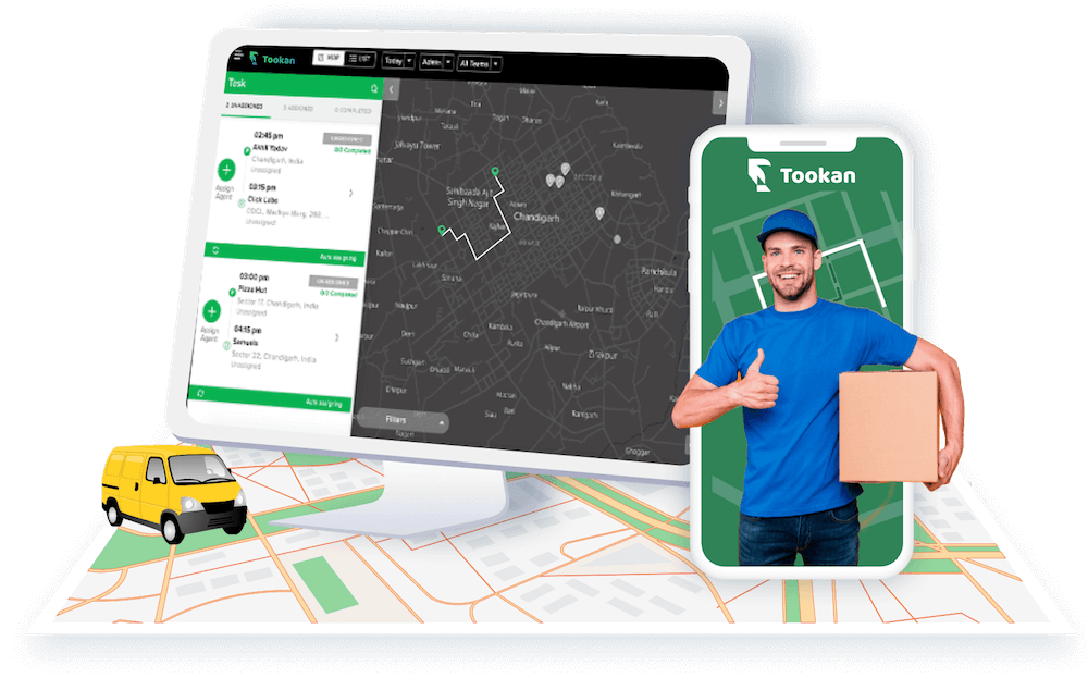 Tookan marketing illustration with a dispatch map, task list and driver phone interface