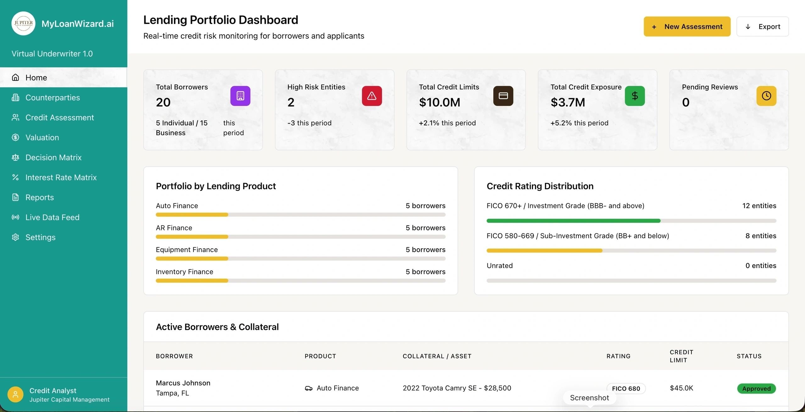 MyLoanWizard lending portfolio dashboard with borrower, credit exposure and assessment panels