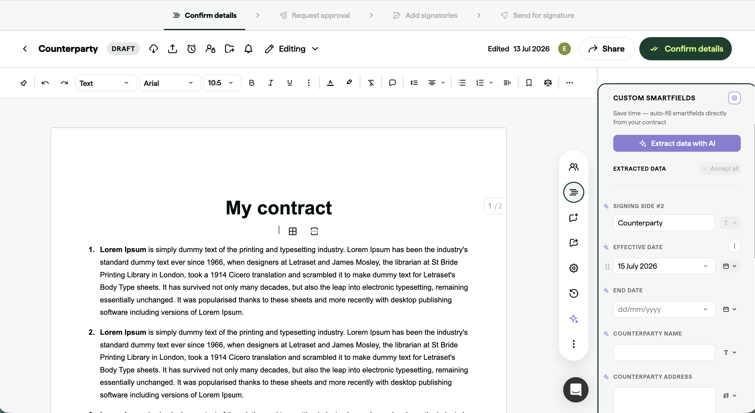 Juro contract editor showing a contract, smartfields, and workflow controls