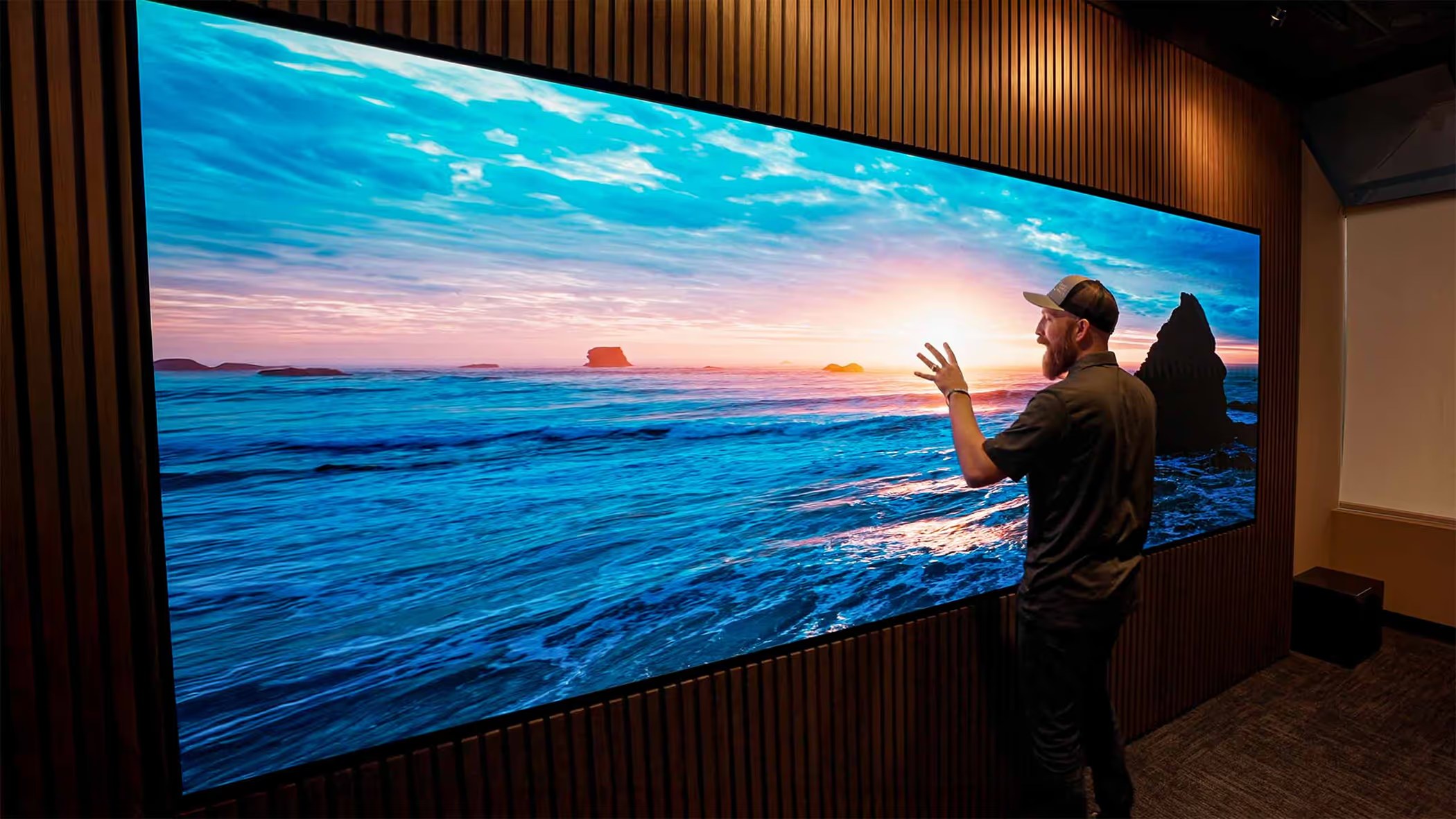 A large custom microLED video wall installed in a bright residential living space