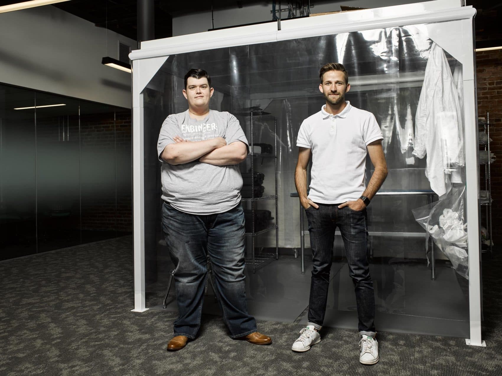 Analytical Space co-founders Justin Oliveira, left, and Dan Nevius, right, standing at The Engine.