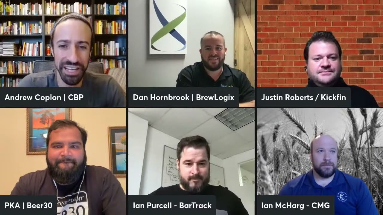 Six participants in a Craft Brew Professionals video panel, with Justin Roberts at top right